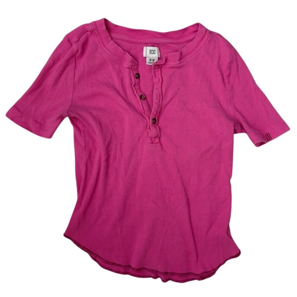 BDG Cropped Short Sleeve Henley Tee Pink Size Medium